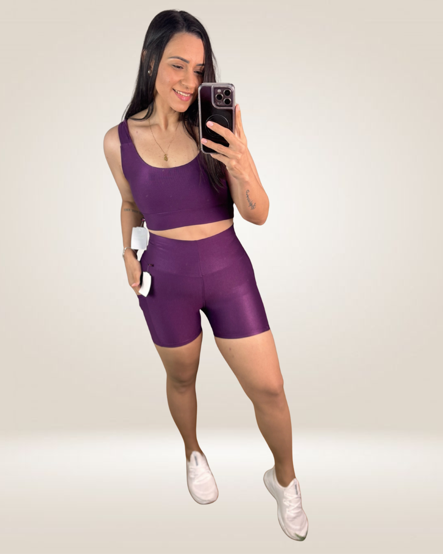 CONJUNTO SHORT AVELUDADO COMPRESSÃO BOLSOS - ROXO