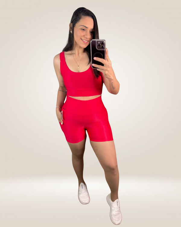 CONJUNTO SHORT AVELUDADO COMPRESSÃO BOLSOS - VERMELHO